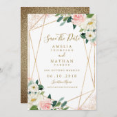 幾何学的フローラ赤面金ゴールド結婚式日付の保存 招待状 (正面/裏面)