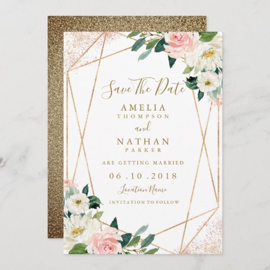 幾何学的フローラ赤面金ゴールド結婚式日付の保存 招待状 (正面/裏面)