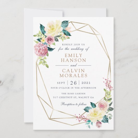 幾何学的フローラ赤面黄色の緑の金ゴールドフレーム 招待状 (正面)