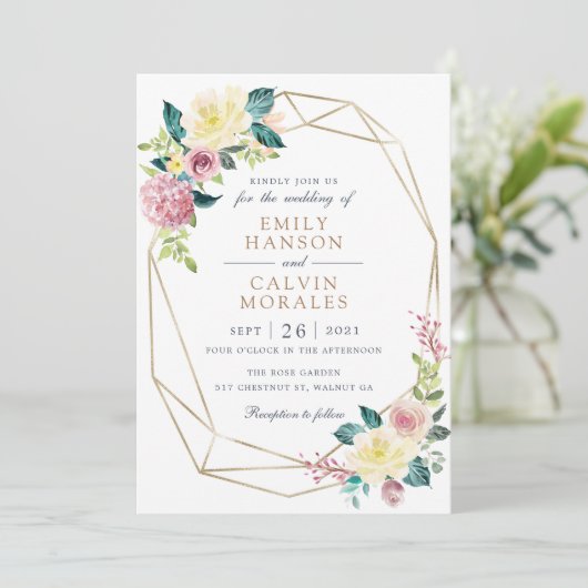 幾何学的フローラ赤面黄色の緑の金ゴールドフレーム 招待状 (スタンド正面)