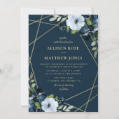 幾何学的フローラ金ゴールドとネイビーブルー結婚ズ 招待状 (正面)