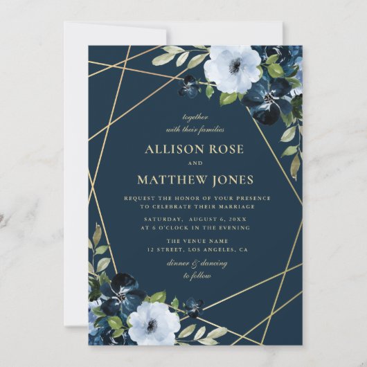 幾何学的フローラ金ゴールドとネイビーブルー結婚ズ 招待状 (正面)