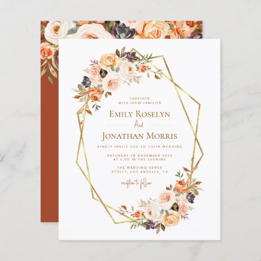 幾何学的フローラ金ゴールド赤面結婚式招待状 (正面/裏面)