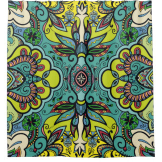 幾何学的フローラ、カラフル抽象芸術のシームレスなテクスチャ シャワーカーテン