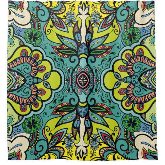 幾何学的フローラ、カラフル抽象芸術のシームレスなテクスチャ シャワーカーテン (正面)