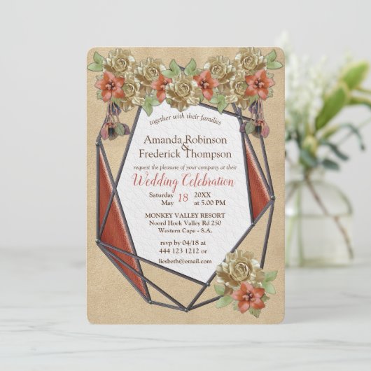 幾何学的ブラウンレザーアート結婚式招待状 招待状 (スタンド正面)