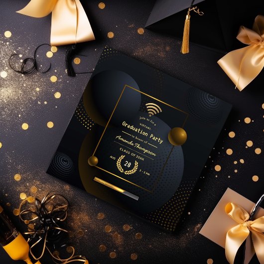 幾何学的ブラックおよび金ゴールドバーチャル卒業パーティー 招待状