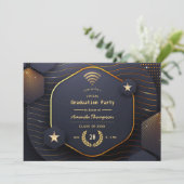 幾何学的ブラックおよび金ゴールドバーチャル卒業パーティー 招待状 (スタンド正面)