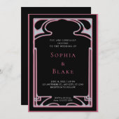 幾何学的ブラックとピンクのアールデコ結婚の 招待状 (正面/裏面)