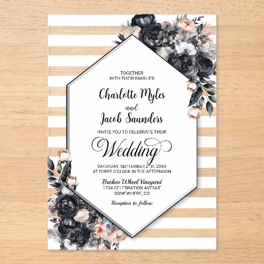 幾何学的ブラックフローラアクリル結婚式招待状 アクリル招待状 (正面)