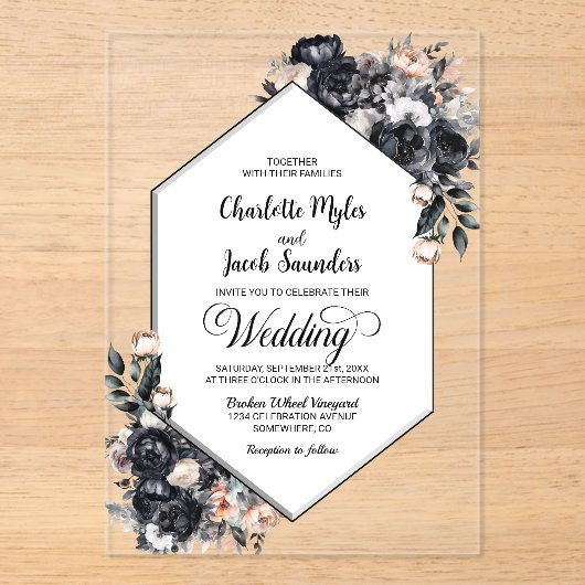 幾何学的ブラックフローラアクリル結婚式招待状 アクリル招待状 (正面)