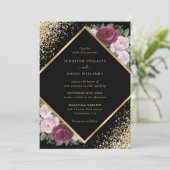 幾何学的ブラックブルゴーニュ赤面金ゴールド結婚フローラ 招待状 (スタンド正面)
