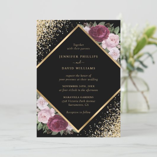 幾何学的ブラックブルゴーニュ赤面金ゴールド結婚フローラ 招待状 (スタンド正面)