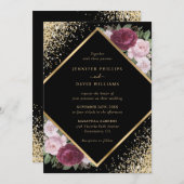 幾何学的ブラックブルゴーニュ赤面金ゴールド結婚フローラ 招待状 (正面/裏面)