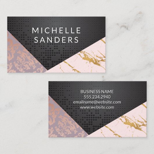 幾何学的ブラックメタリック |大理石金ゴールド 名刺 (正面/裏面)