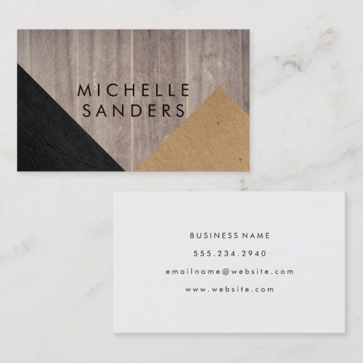 幾何学的ブラックレザーフェイクウッドパネル 名刺 (正面/裏面)