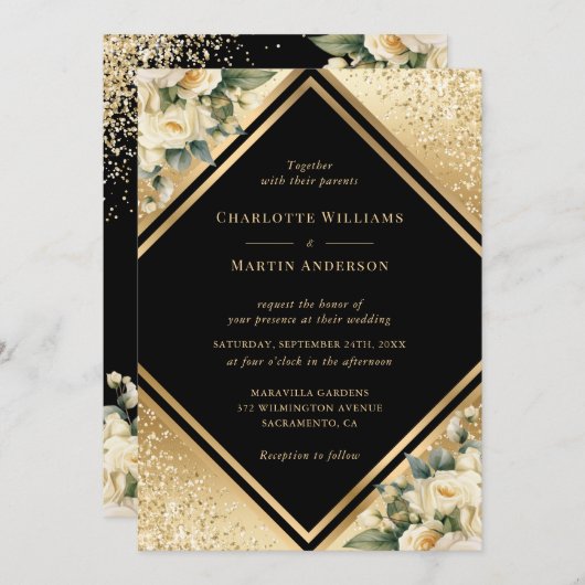 幾何学的ブラック金ゴールド紙吹雪アイボリー結婚フローラ 招待状 (正面/裏面)