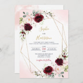 幾何学的ブルゴーニュと赤面結婚フローラ 招待状 (正面/裏面)