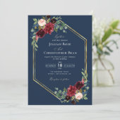 幾何学的ブルゴーニュのネイビー・ブルーと金ゴールド結婚の 招待状 (スタンド正面)