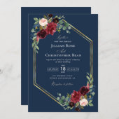 幾何学的ブルゴーニュのネイビー・ブルーと金ゴールド結婚の 招待状 (正面/裏面)