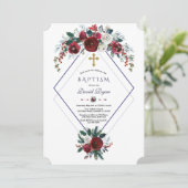 幾何学的ブルゴーニュフローラパインネイビーブルーバプテスマ 招待状 (スタンド正面)