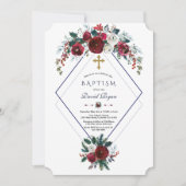 幾何学的ブルゴーニュフローラパインネイビーブルーバプテスマ 招待状 (正面)