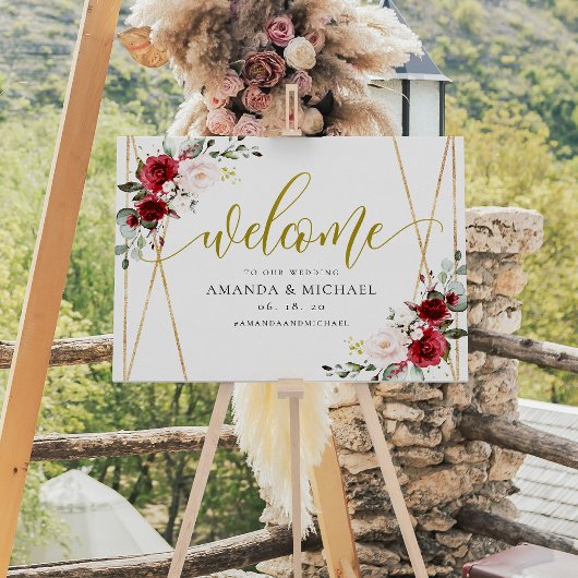 幾何学的ブルゴーニュフローラ結婚歓迎のサイン ポスター