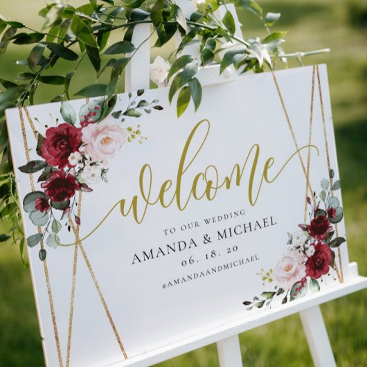 幾何学的ブルゴーニュフローラ結婚歓迎のサイン ポスター