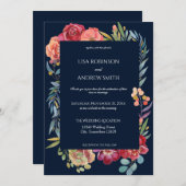 幾何学的ブルゴーニュ熱帯結婚フローラ – 海軍 招待状 (正面/裏面)