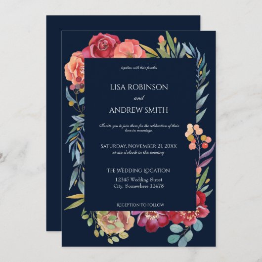 幾何学的ブルゴーニュ熱帯結婚フローラ – 海軍 招待状 (正面/裏面)