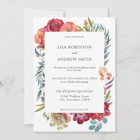 幾何学的ブルゴーニュ熱帯結婚フローラ – 白 招待状 (正面)