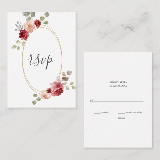 幾何学的ブルゴーニュ花ユーカリ結婚式RSVP エンクロージャーカード (正面/裏面)
