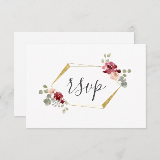 幾何学的ブルゴーニュ花ユーカリ結婚式RSVP 出欠カード (正面/裏面)