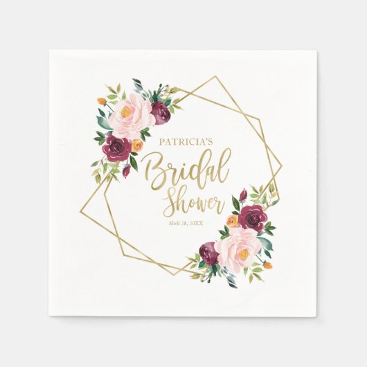 幾何学的ブルゴーニュ赤面フローラブライダルシャワー スタンダードカクテルナプキン (正面)