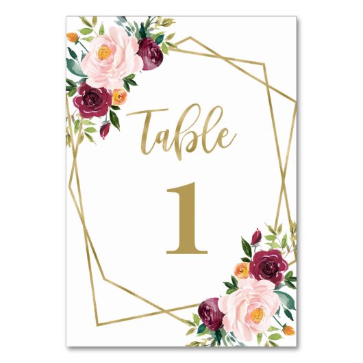 幾何学的ブルゴーニュ赤面フローラブライダルシャワー テーブルナンバー (正面)