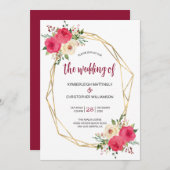 幾何学的ブルゴーニュ金ゴールド水彩フローラ 招待状 (正面/裏面)