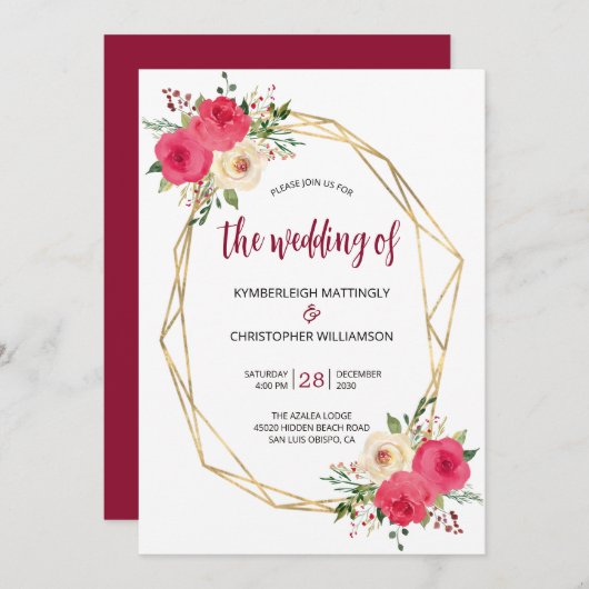 幾何学的ブルゴーニュ金ゴールド水彩フローラ 招待状 (正面/裏面)