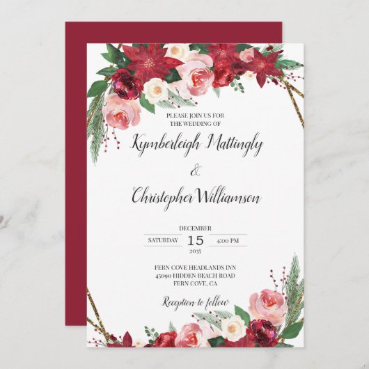 幾何学的ブルゴーニュ金ゴールド水彩フローラ 招待状 (正面/裏面)