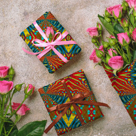 幾何学的ブルーレッド&イエローヴィンテージ部族 ラッピングペーパー