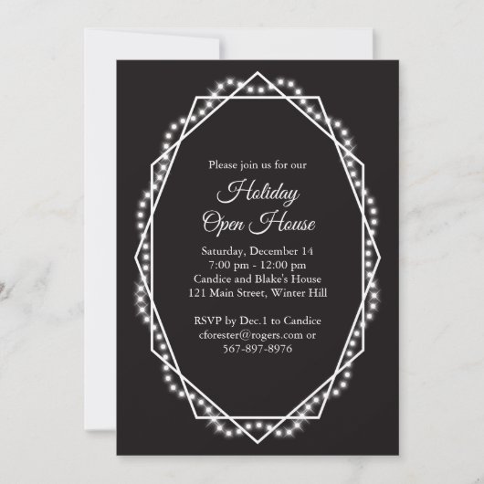 幾何学的ホリデースパークルオープンハウスブラック 招待状 (正面)