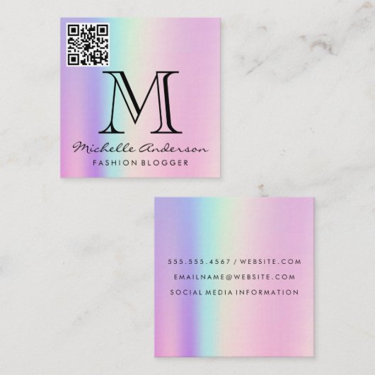 幾何学的ホログラフィック背景 | QRスキャンラベル スクエア名刺 (正面/裏面)