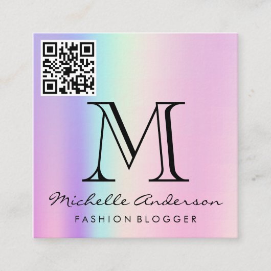 幾何学的ホログラフィック背景 | QRスキャンラベル スクエア名刺 (正面)