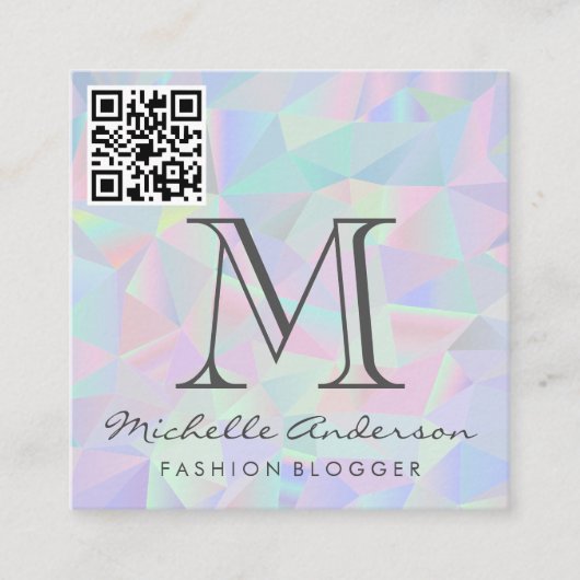 幾何学的ホログラフィック背景 | QRスキャンラベル スクエア名刺 (正面)