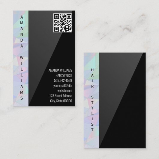 幾何学的ホログラフィック | 黒お洒落 | QRコード 名刺 (正面/裏面)
