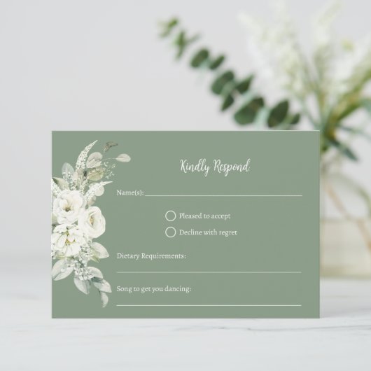 幾何学的ホワイトフローラセージRSVP 出欠カード (スタンド正面)
