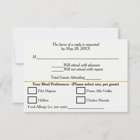 幾何学的ホワイト金ゴールドRSVP食品アレルギー 出欠カード (裏面)