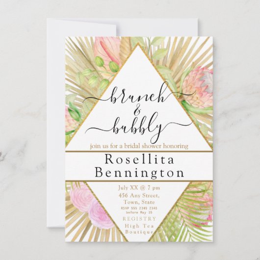 幾何学的ボホフローラ三角形ブライダルシャワー 招待状 (正面)