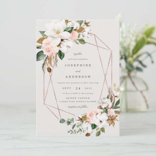 幾何学的マグノリアコットン結婚式招待状 招待状 (スタンド正面)