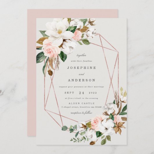 幾何学的マグノリアコットン結婚式招待状 招待状 (正面/裏面)