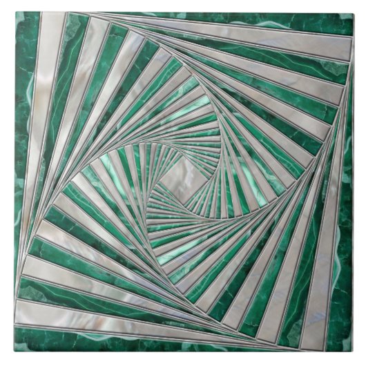 幾何学的モザイクスパイラル – 緑の大理石と真珠 タイル (正面)